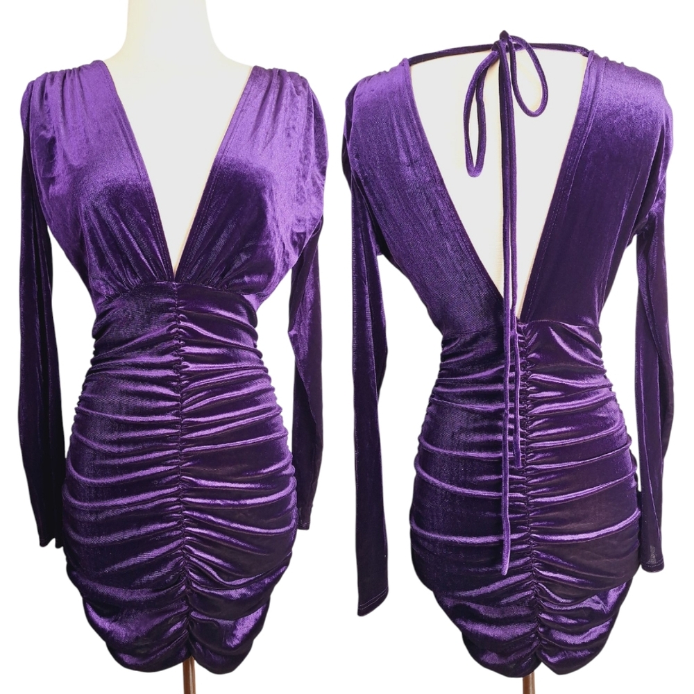 Vintage Y2K Cocoa USA Purple Velvet Ruched Bodycon Mini Dress Plunging V-Neck S